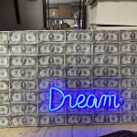 MONOCROMO VERDE DOLLARO -DREAM- tecnica mista banconote e scitta luminosa LED su tela cm 53x92- 2023